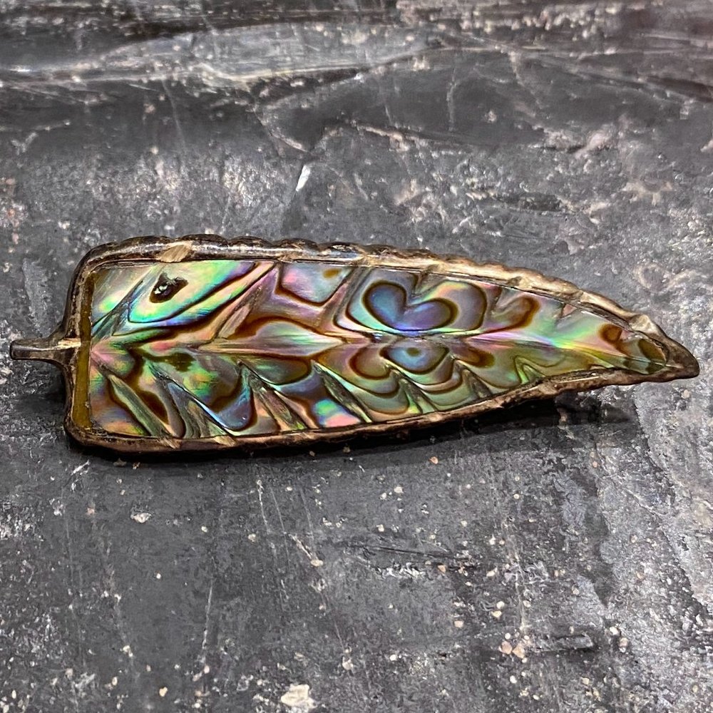 Vintage Dainty Sterling Silver Leaf Feather, Inlaid Abalone Shell Brooch Pin